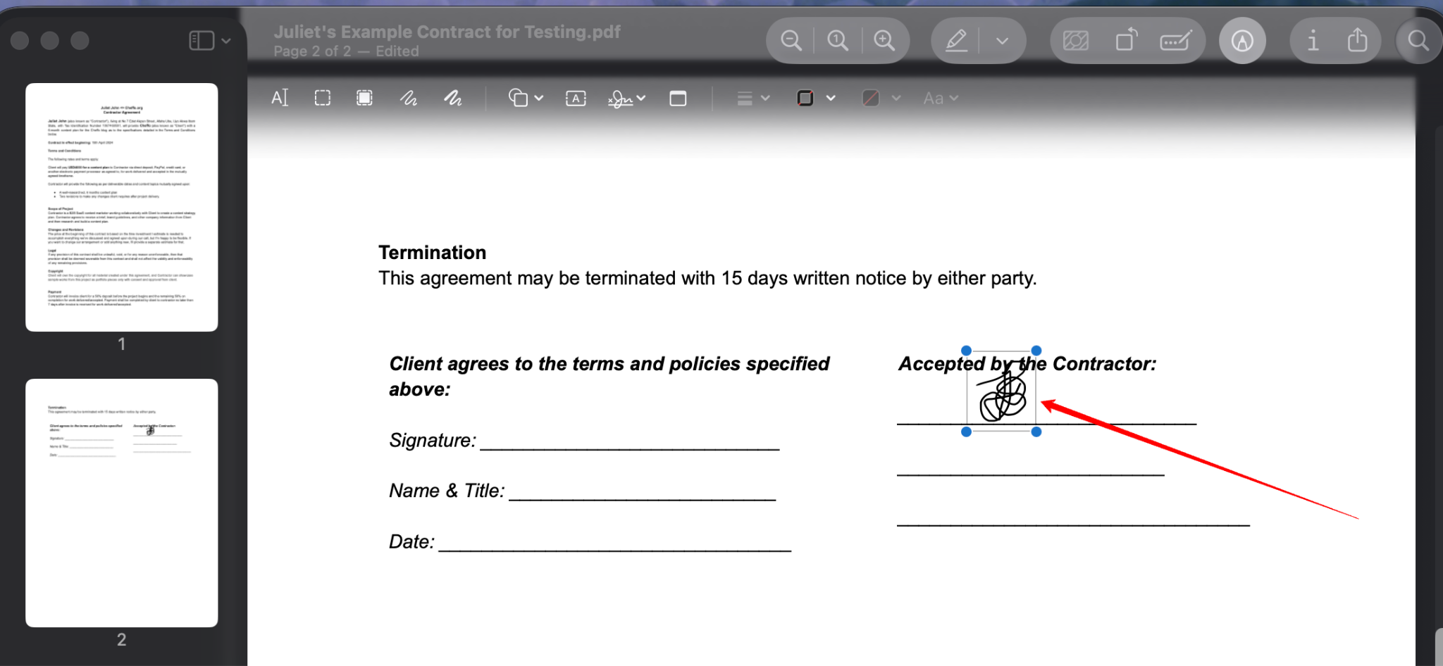 PDF document with an arrow pointing to the signature positioned within the document