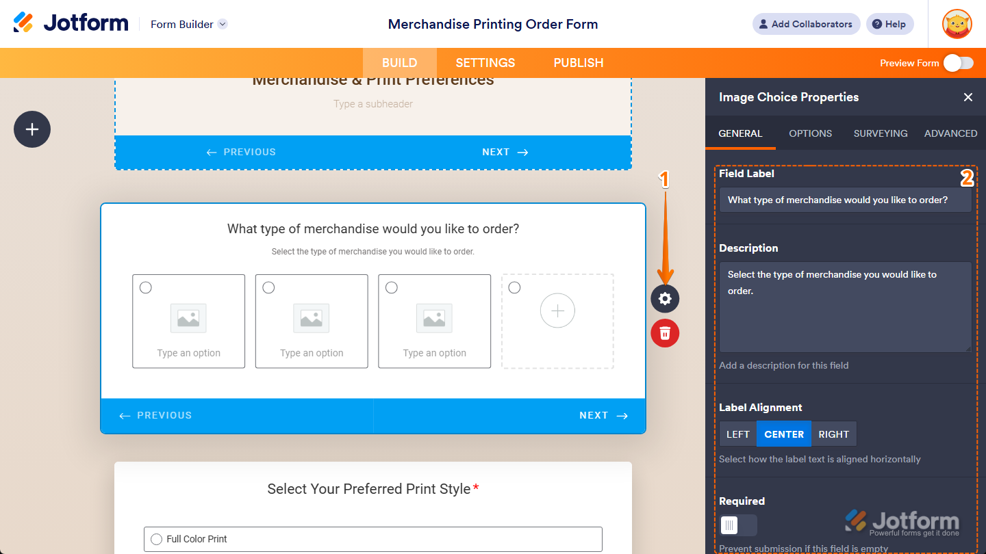 General tab properties in the Image Choice Properties menu in Jotform Form Builder