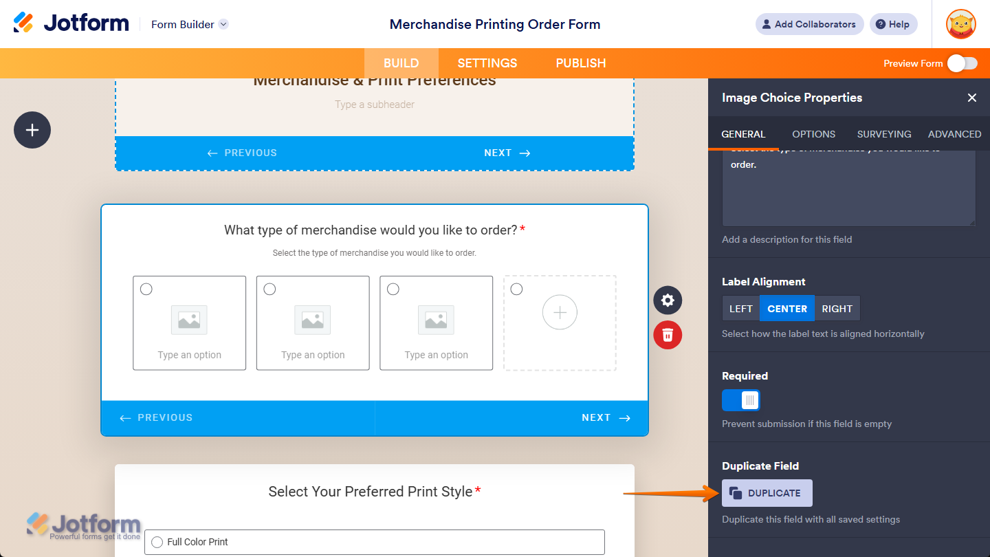 Duplicate button in the General tab in the Image Choice Properties menu in Jotform Form Builder