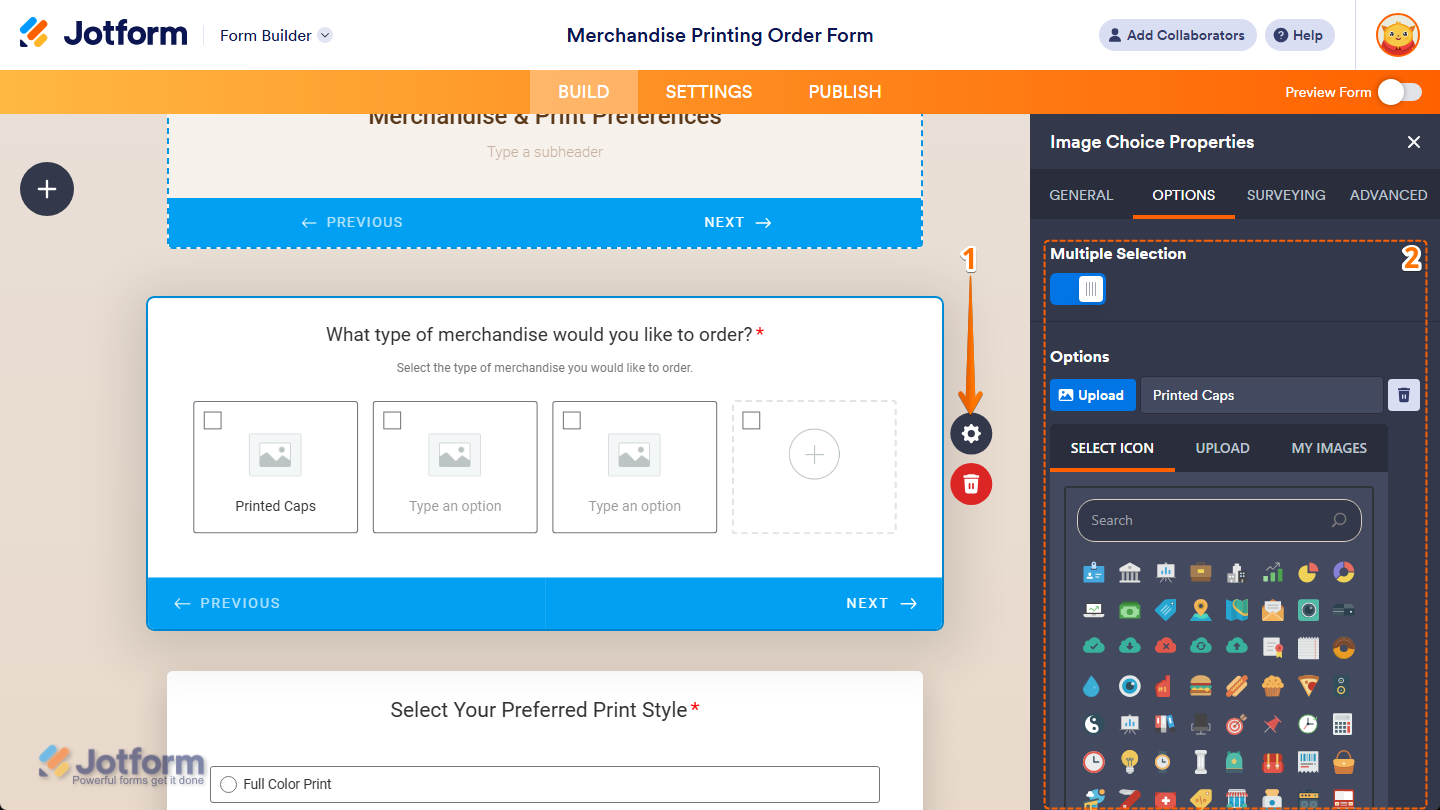 Options tab properties in the Image Choice Properties menu in Jotform Form Builder
