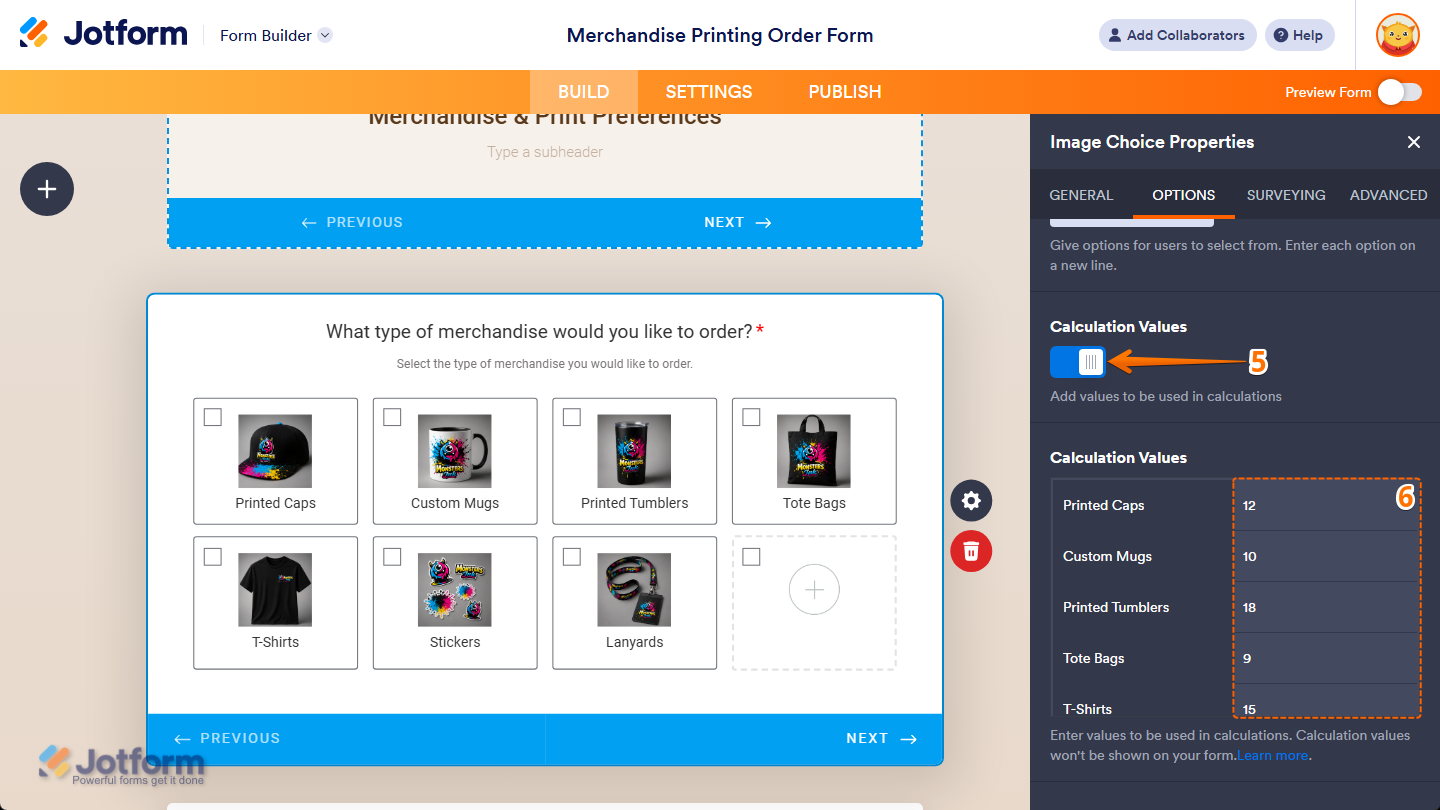 Calculation Values properties under the Options tab of the Image Choice Properties menu in Jotform Form Builder