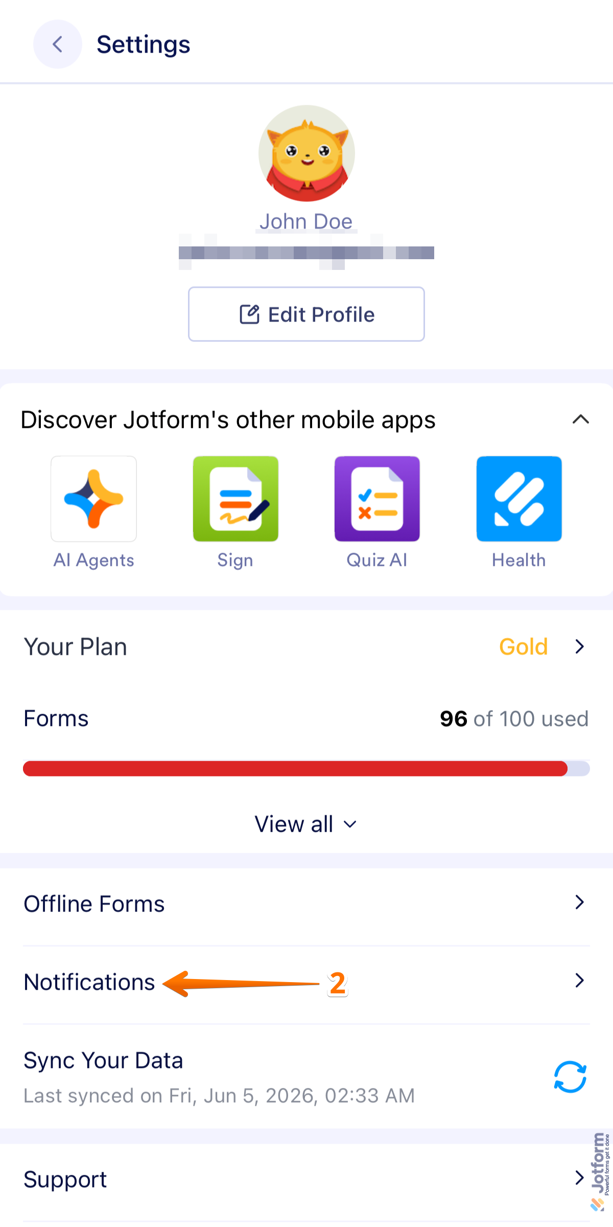 Jotform Mobile App profile menu showing the Notifications option