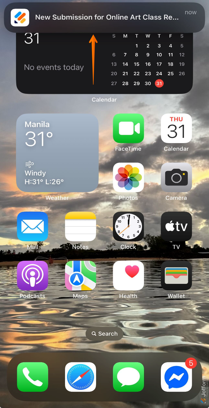 Jotform Mobile App showing a push notification alert for a new form submission received from a selected form