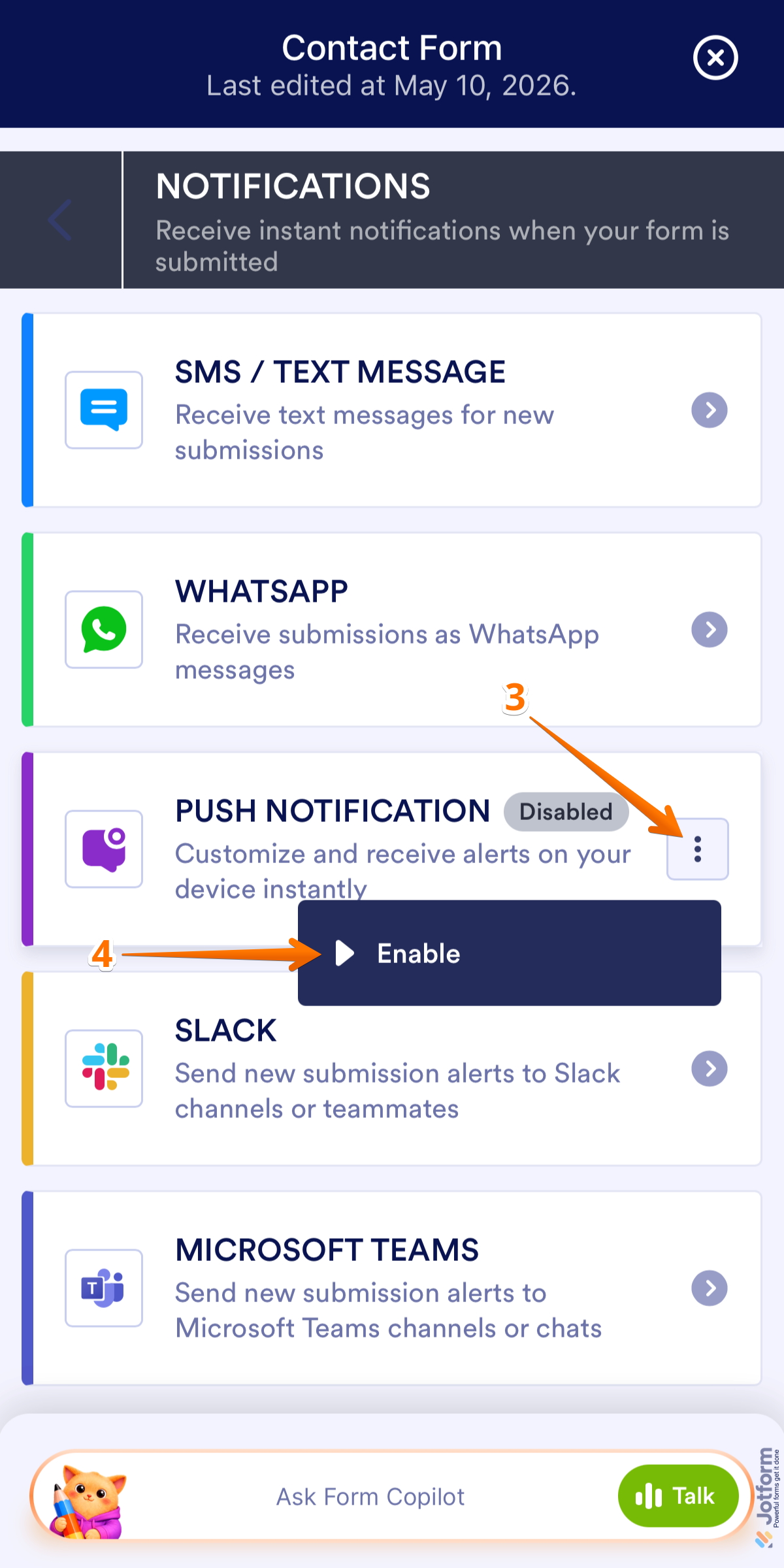 Form Builder Notifications settings showing the Push Notification option with the Three Dots menu open and Enable selected in Jotform