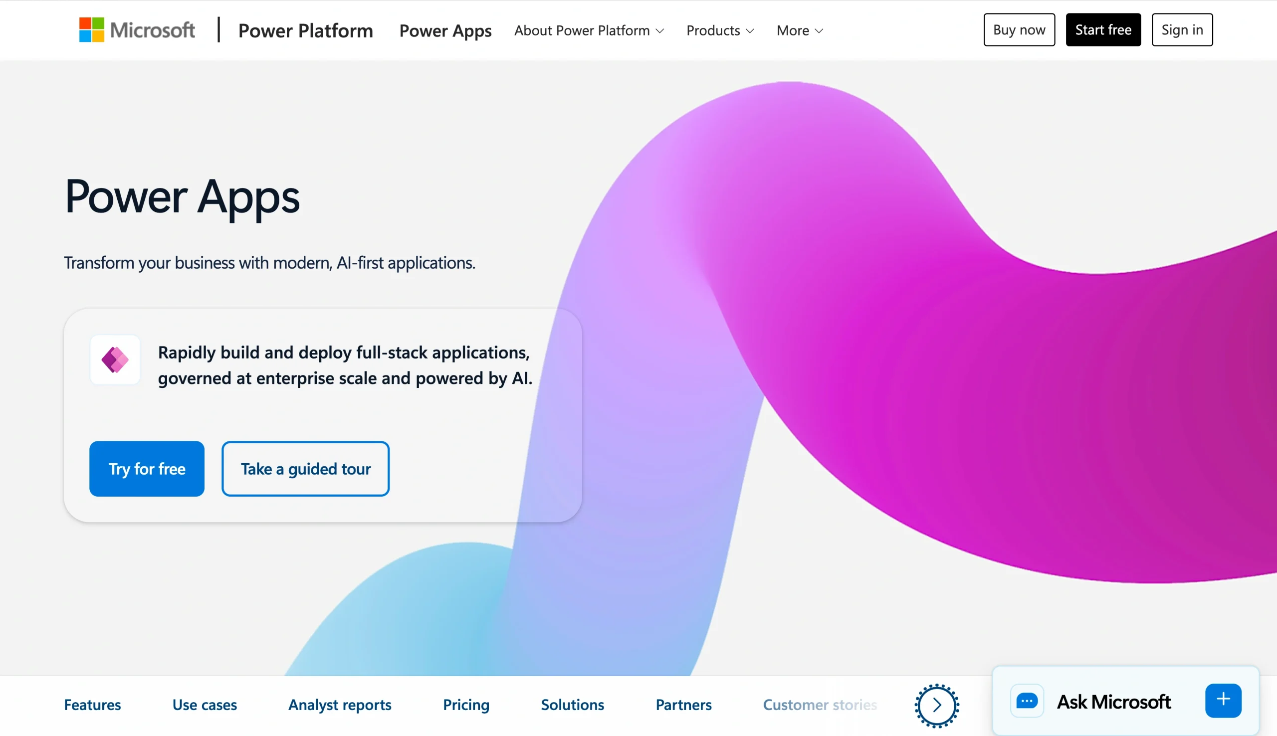 Screenshot of the Microsoft Power Apps landing page